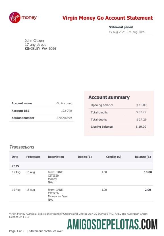 Exemplo de extrato bancário da conta Virgin Money Go do Reino Unido